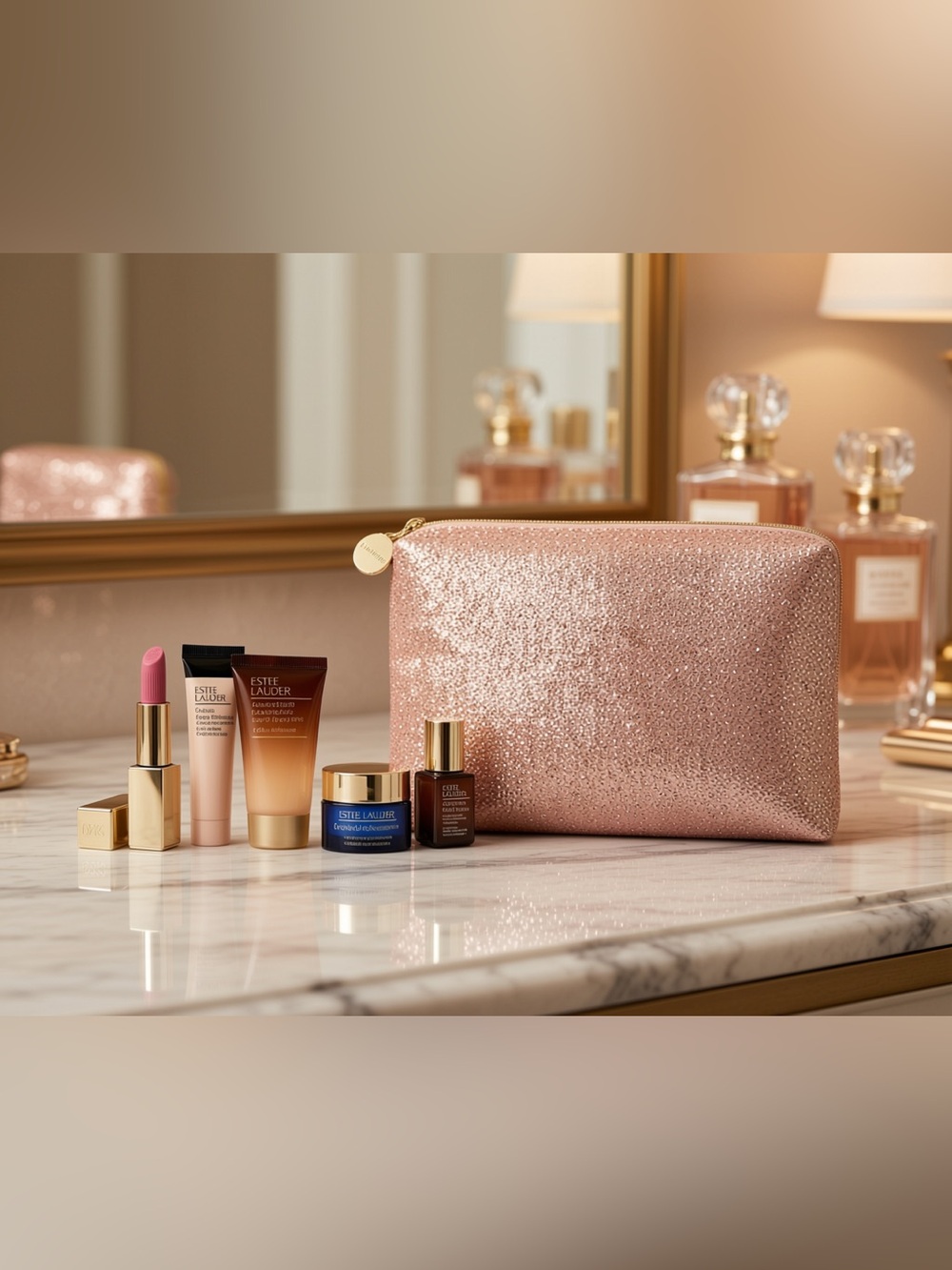 🆕ESTÉE  LAUDER 6 PIECE SUPREME NIGHT SET WITH  METALLIC ROSE GOLD COSMETIC BAG
